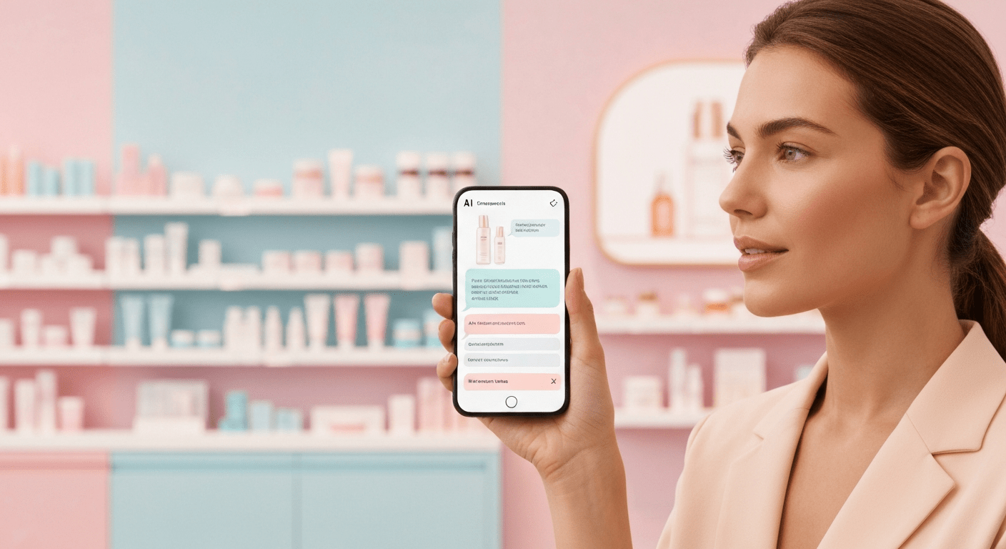 Ein Käufer, der einen KI-Beauty-Berater auf seinem Handy in einem Beauty-Shop nutzt